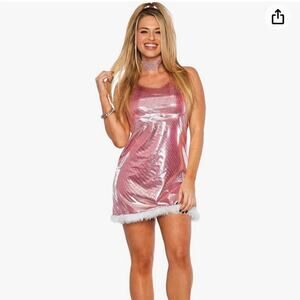 Pink Shimmer Dress White Fur Trim Costume Austin Powers Romy & Michelle’s Fembot